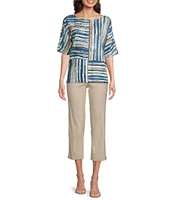 Ali Miles Woven Linen Blend Abstract Stripe Round Neck Elbow Sleeve Sharkbite Hem Tunic