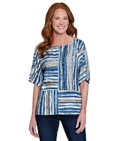 Ali Miles Woven Linen Blend Abstract Stripe Round Neck Elbow Sleeve Sharkbite Hem Tunic