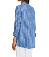 Ali Miles Woven Linen Blend Printed Point Collar 3/4 Roll-Tab Sleeve Button Front Shirt