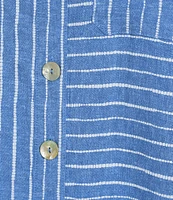Ali Miles Woven Linen Blend Printed Point Collar 3/4 Roll-Tab Sleeve Button Front Shirt