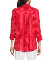 Ali Miles Woven Linen Blend Printed Point Collar 3/4 Roll-Tab Sleeve Button Front Shirt