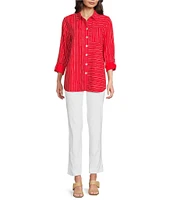 Ali Miles Woven Linen Blend Printed Point Collar 3/4 Roll-Tab Sleeve Button Front Shirt