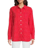 Ali Miles Woven Linen Blend Printed Point Collar 3/4 Roll-Tab Sleeve Button Front Shirt