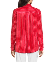 Ali Miles Woven Linen Blend Printed Point Collar 3/4 Roll-Tab Sleeve Button Front Shirt
