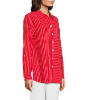 Ali Miles Woven Linen Blend Printed Point Collar 3/4 Roll-Tab Sleeve Button Front Shirt