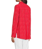 Ali Miles Woven Linen Blend Printed Point Collar 3/4 Roll-Tab Sleeve Button Front Shirt