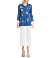 Ali Miles Woven Novelty Abstract Fish Print Wire Collar 3/4 Roll-Tab Sleeve Button Front Tunic