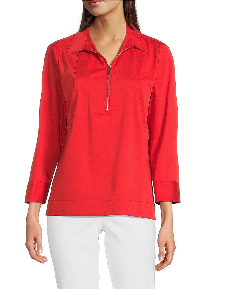 Ali Miles Woven Point Collar 3/4 Sleeves Quarter Zip-Up Tunic