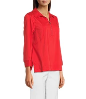 Ali Miles Woven Point Collar 3/4 Sleeves Quarter Zip-Up Tunic