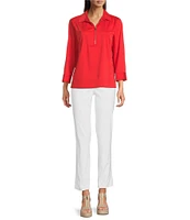 Ali Miles Woven Point Collar 3/4 Sleeves Quarter Zip-Up Tunic