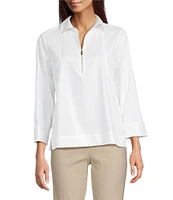 Ali Miles Woven Point Collar 3/4 Sleeves Quarter Zip-Up Tunic