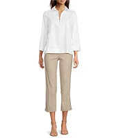 Ali Miles Woven Point Collar 3/4 Sleeves Quarter Zip-Up Tunic