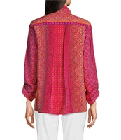 Ali Miles Woven Printed Wire Neck 3/4 Roll-Tab Sleeve Button Front Tunic