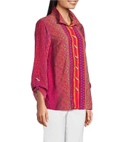 Ali Miles Woven Printed Wire Neck 3/4 Roll-Tab Sleeve Button Front Tunic