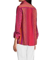Ali Miles Woven Printed Wire Neck 3/4 Roll-Tab Sleeve Button Front Tunic