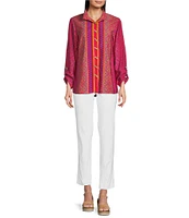 Ali Miles Woven Printed Wire Neck 3/4 Roll-Tab Sleeve Button Front Tunic