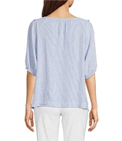 Ali Miles Woven Stripe Linen Blend Yarn-Dyed Split Round Neck Elbow Sleeve Frayed Hem Tunic