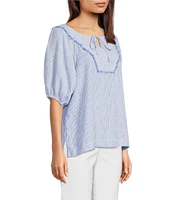 Ali Miles Woven Stripe Linen Blend Yarn-Dyed Split Round Neck Elbow Sleeve Frayed Hem Tunic