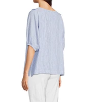 Ali Miles Woven Stripe Linen Blend Yarn-Dyed Split Round Neck Elbow Sleeve Frayed Hem Tunic