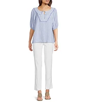 Ali Miles Woven Stripe Linen Blend Yarn-Dyed Split Round Neck Elbow Sleeve Frayed Hem Tunic