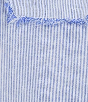 Ali Miles Woven Stripe Linen Blend Yarn-Dyed Split Round Neck Elbow Sleeve Frayed Hem Tunic