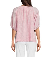 Ali Miles Woven Stripe Linen Blend Yarn-Dyed Split Round Neck Elbow Sleeve Frayed Hem Tunic