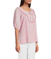 Ali Miles Woven Stripe Linen Blend Yarn-Dyed Split Round Neck Elbow Sleeve Frayed Hem Tunic