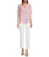 Ali Miles Woven Stripe Linen Blend Yarn-Dyed Split Round Neck Elbow Sleeve Frayed Hem Tunic