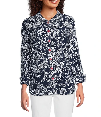 Ali Miles Woven Vintage Floral Point Collar 3/4 Sleeve Button Front Tunic