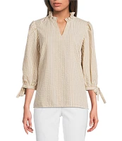 Ali Miles Woven Yarn-Dye Stripe Ruffle V-Neck 3/4 Tie Sleeve Blouse