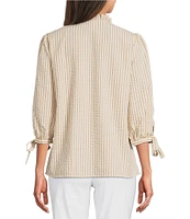Ali Miles Woven Yarn-Dye Stripe Ruffle V-Neck 3/4 Tie Sleeve Blouse