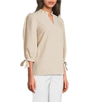 Ali Miles Woven Yarn-Dye Stripe Ruffle V-Neck 3/4 Tie Sleeve Blouse
