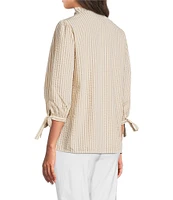 Ali Miles Woven Yarn-Dye Stripe Ruffle V-Neck 3/4 Tie Sleeve Blouse