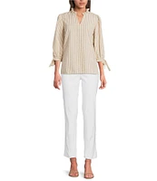 Ali Miles Woven Yarn-Dye Stripe Ruffle V-Neck 3/4 Tie Sleeve Blouse