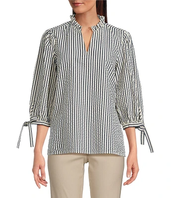 Ali Miles Woven Yarn-Dye Stripe Ruffle V-Neck 3/4 Tie Sleeve Blouse