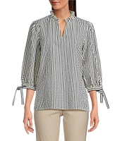 Ali Miles Woven Yarn-Dye Stripe Ruffle V-Neck 3/4 Tie Sleeve Blouse