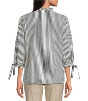 Ali Miles Woven Yarn-Dye Stripe Ruffle V-Neck 3/4 Tie Sleeve Blouse