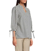 Ali Miles Woven Yarn-Dye Stripe Ruffle V-Neck 3/4 Tie Sleeve Blouse