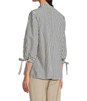 Ali Miles Woven Yarn-Dye Stripe Ruffle V-Neck 3/4 Tie Sleeve Blouse