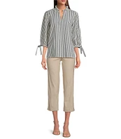 Ali Miles Woven Yarn-Dye Stripe Ruffle V-Neck 3/4 Tie Sleeve Blouse