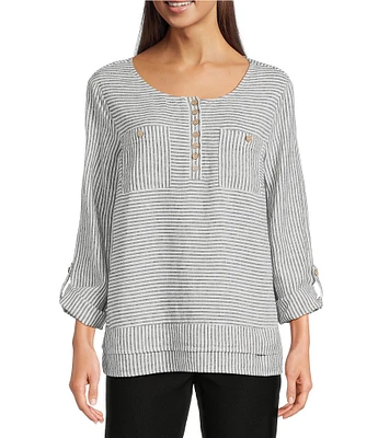 Ali Miles Woven Yarn-Dyed Linen Blend Scoop Neck 3/4 Roll-Tab Sleeve Tunic