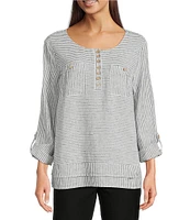 Ali Miles Woven Yarn-Dyed Linen Blend Scoop Neck 3/4 Roll-Tab Sleeve Tunic