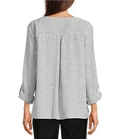 Ali Miles Woven Yarn-Dyed Linen Blend Scoop Neck 3/4 Roll-Tab Sleeve Tunic