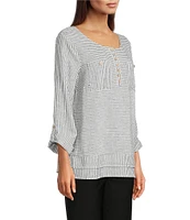 Ali Miles Woven Yarn-Dyed Linen Blend Scoop Neck 3/4 Roll-Tab Sleeve Tunic