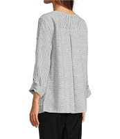 Ali Miles Woven Yarn-Dyed Linen Blend Scoop Neck 3/4 Roll-Tab Sleeve Tunic