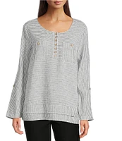 Ali Miles Woven Yarn-Dyed Linen Blend Scoop Neck 3/4 Roll-Tab Sleeve Tunic