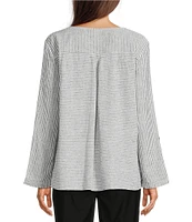 Ali Miles Woven Yarn-Dyed Linen Blend Scoop Neck 3/4 Roll-Tab Sleeve Tunic