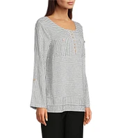 Ali Miles Woven Yarn-Dyed Linen Blend Scoop Neck 3/4 Roll-Tab Sleeve Tunic