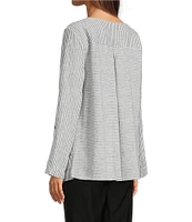 Ali Miles Woven Yarn-Dyed Linen Blend Scoop Neck 3/4 Roll-Tab Sleeve Tunic
