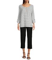 Ali Miles Woven Yarn-Dyed Linen Blend Scoop Neck 3/4 Roll-Tab Sleeve Tunic